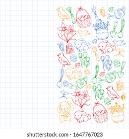 Vector pattern with easter and spring elements. Eggs in basket, bunny, flowers, birds