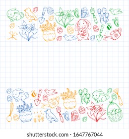 Vector pattern with easter and spring elements. Eggs in basket, bunny, flowers, birds