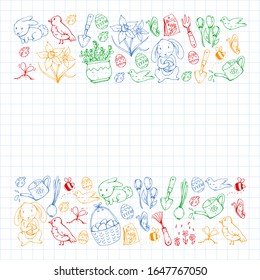 Vector pattern with easter and spring elements. Eggs in basket, bunny, flowers, birds