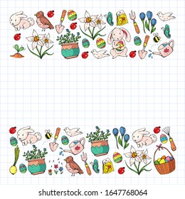 Vector pattern with easter and spring elements. Eggs in basket, bunny, flowers, birds