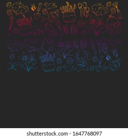 Vector pattern with easter and spring elements. Eggs in basket, bunny, flowers, birds