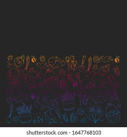 Vector pattern with easter and spring elements. Eggs in basket, bunny, flowers, birds