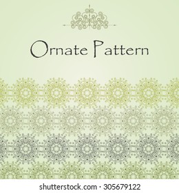 Vector pattern in Eastern style on scroll work background. Ornate element for design. Place for text. Ornamental pattern for wedding invitations, greeting cards. Traditional outline decor.