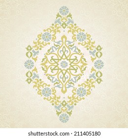 Vector pattern in Eastern style. Ornate element for design and place for text. Ornamental lace pattern for wedding invitations and greeting cards. Traditional pastel decor on light background.