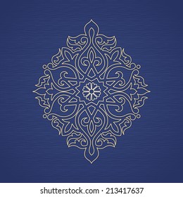 Vector pattern in Eastern style. Ornate element for design and place for text. Ornamental lace pattern for wedding invitations and greeting cards. Traditional golden decor on blue background.