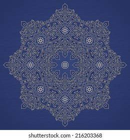 Vector pattern in Eastern style. Ornate element for design and place for text. Ornamental lace pattern for wedding invitations and greeting cards. Traditional gold decor on blue background.