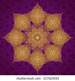 Vector pattern in Eastern style. Ornate element for design and place for text. Ornamental lace pattern for wedding invitations and greeting cards. Traditional golden decor on purple background.