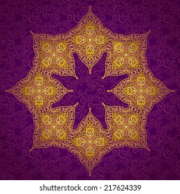 Vector pattern in Eastern style. Ornate element for design and place for text. Ornamental lace pattern for wedding invitations and greeting cards. Traditional golden decor on purple background.