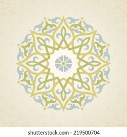 Vector pattern in Eastern style. Ornate element for design and place for text. Ornamental lace pattern for wedding invitations and greeting cards. Traditional pastel decor on light background.