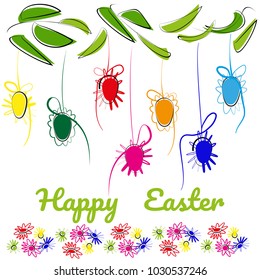 Vector pattern with eggs, leaves and stylized flowers, text Happy Easter. Texture for spring design, decoration, greeting cards, posters, invitations, advertisement.