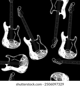 Vector pattern electric guitar. Rock music. For banner, poster. Black and white color