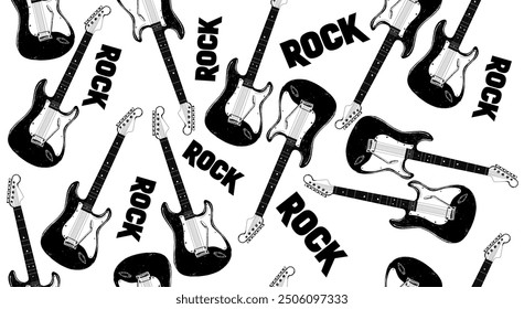 Vector pattern electric guitar. Rock music. For banner, poster. Black and white color