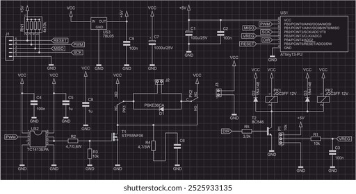 Vector pattern of electronic components and conductors.
Connection of peripheral devices to microcontroller.
Electrical computer cad
schematic diagram with resistor, capacitor,
integrated circuit.