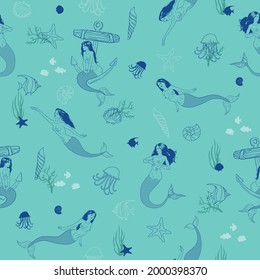 vector pattern with elegant beautiful mermaids, with long hair, on a turquoise background