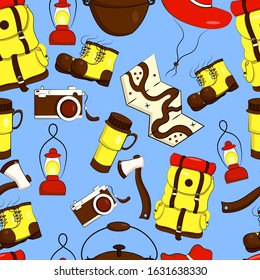 Vector pattern with elements for camping. Seamless pattern with things for camping on a blue background. Stock illustration of a backpack, map, camera, flashlight, ax, boots, thermocup, hat, cauldron,