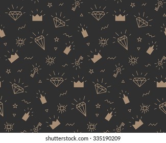Vector pattern with elements of crowns and diamonds. Background fabric. Hipsters on black background 