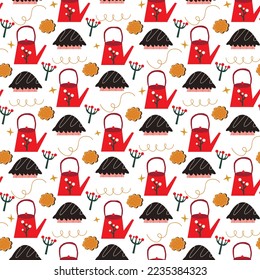 Vector pattern with elements of teapot, cookies. Pie and green. Christmas motif for surface design.