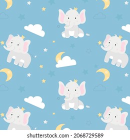 Vector pattern with an elephant. Pastel childish background with cute animals. Night sky in pastel colors. Детский вектор рисунок с милыми слонами. Детская текстура для ткани, текстиля, обоев, одежды