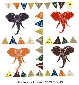 Vector pattern with elephants and geometric shapes. The silhouettes of the elephants. Animals of Africa. The head of an elephant. Design element for logo, advertising, web, prints and banners. 