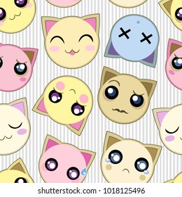 Vector pattern with emoticon of cats on vertical striped background. Seamless pattern can be used for wallpaper, pattern fills, web page background, surface textures.