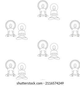 Vector pattern of enlightened in the lotus position. Buddha, buddhism, yoga, meditation, retreat. Black contour line art, hand drawn style.