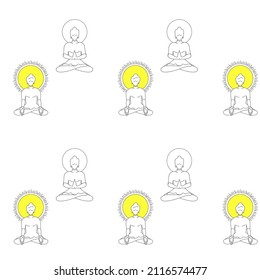 Vector pattern of enlightened in the lotus position. Buddha, buddhism, yoga, meditation, retreat. Black contour line art, hand drawn style.