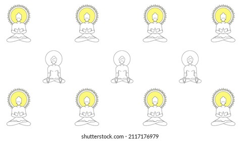 Vector pattern of enlightened in the lotus position. Buddha, buddhism, yoga, meditation, retreat. Black contour line art, hand drawn style.	