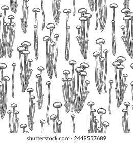Vector pattern of enoki mushrooms in sketch style. Realistic hand-drawn drawing of fresh organic enoki mushrooms on a white background. Perfect for vegetarian dishes