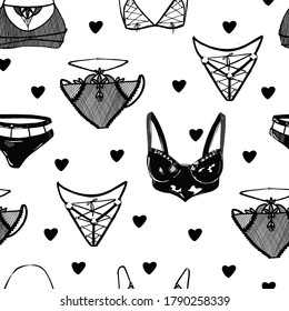 Ropa erótica con patrón vectorial. Lingerie, sostenes y bragas. Ropa de patrón blanco y negro