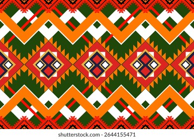 Vector pattern with ethnic chevron shapes and diamonds in warm orange-red color. Perfect for traditional textiles, fashion, or modern tribal backgrounds.
