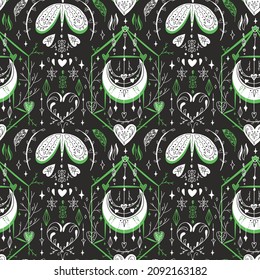 Vector pattern in ethno style with magic elements in monochrome colors. Runic symbols denoting the moon with floral ornaments and butterflies.