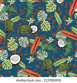 Frutas exóticas de patrón vectorial e impresión de tigre. Ilustración sin tropiezos para diseñadores, imprenta en papel, textiles, ropa, ilustración de moda