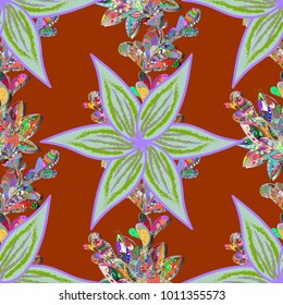 Vector pattern. Exploding flowers abstractly placed. Vector illustration. Gentle, spring floral on brown, neutral and green colors.
