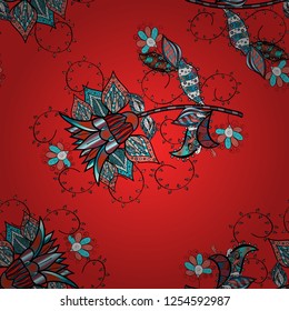 Vector pattern. Exploding flowers abstractly placed. Gentle, spring floral on red, black and blue colors. Vector illustration.