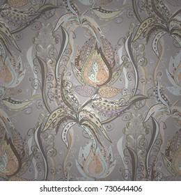 Vector pattern. Exploding flowers abstractly placed. Vector illustration. Gentle, spring floral on gray, neutral and beige colors.