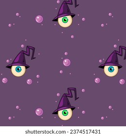Vector pattern with eyes in witches hat and toxic bubbles on violet background. Element for horror design, Halloween celebrated concept.