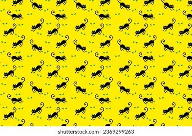 Vector pattern for fabric backgrounds etc, with background of a silhouette of a cute black cat with green eyes and yellow background, fabric texture, fabric background, pattern