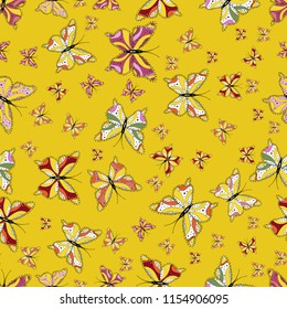 Vector. Pattern for fabric, textile, print and invitation. Butterflies pattern. Illustration on yellow, white and black background. Seamless.