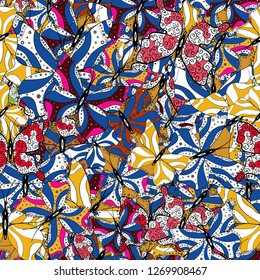 Vector. Pattern for fabric, textile, print and invitation. Illustration on white, black and blue background. Seamless. Butterflies pattern.