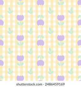 The vector pattern of fabric, wallpaper, gift wrapping paper is continuous and can be made to any size over and over. The cute style is a yellow plaid with cute purple flowers.