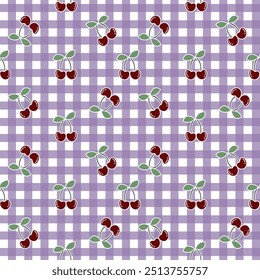 The vector pattern of fabric, wallpaper, gift wrapping paper is continuous and can be made to any size over and over. The cute style is a purple plaid with cute red cherry.