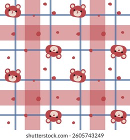 Vector pattern of fabric, wallpaper, gift wrap, mat and bed sheet. Continuous and repeatable. Cute style. Designed with cute cartoon bear and plaid pattern.