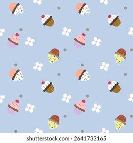 Vector pattern of fabric, wallpaper, gift wrap, mats and bed sheets. Continuous and repeatable. Designed with cupcake cups, polka dots and flowers alternating in a cute style.