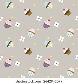 Padrão de vetor de tecido, papel de parede, envoltório de presente, tapetes e lençóis. Contínuo e repetível. Projetado com xícaras de cupcake, bolinhas e flores alternando em um estilo bonito.