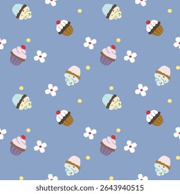 Padrão de vetor de tecido, papel de parede, envoltório de presente, tapetes e lençóis. Contínuo e repetível. Projetado com xícaras de cupcake, bolinhas e flores alternando em um estilo bonito.