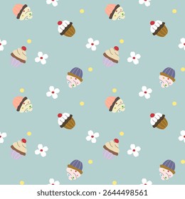 Padrão de vetor de tecido, papel de parede, envoltório de presente, tapetes e lençóis. Contínuo e repetível. Projetado com xícaras de cupcake, bolinhas e flores alternando em um estilo bonito.