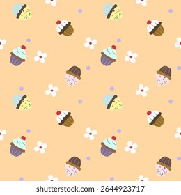 Padrão de vetor de tecido, papel de parede, envoltório de presente, tapetes e lençóis. Contínuo e repetível. Projetado com xícaras de cupcake, bolinhas e flores alternando em um estilo bonito.