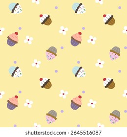 Padrão de vetor de tecido, papel de parede, envoltório de presente, tapetes e lençóis. Contínuo e repetível. Projetado com xícaras de cupcake, bolinhas e flores alternando em um estilo bonito.