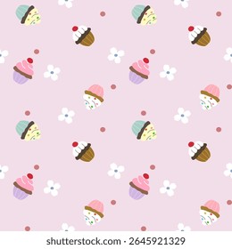 Padrão de vetor de tecido, papel de parede, envoltório de presente, tapetes e lençóis. Contínuo e repetível. Projetado com xícaras de cupcake, bolinhas e flores alternando em um estilo bonito.