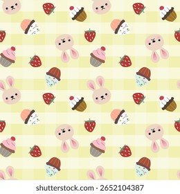 Vector pattern of fabric, wallpaper, gift wrap, mat and bed sheet. Continuous and repeatable. Designed with plaid, strawberry and rabbit alternating in cute style.